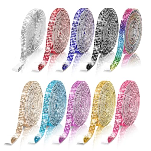 JVHLOV 10 rolos fita de diamantes auto-adesiva, 1 jarda x 4 linhas por rolo, fita brilhante para artesanato DIY, decoração de telefone, carro, casamento, festa e presentes (cores sortidas 1)