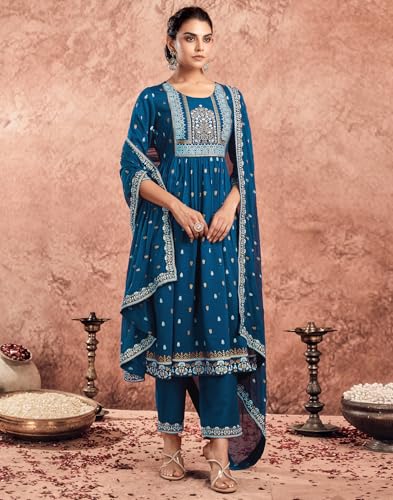 Image of SKYLEE Women's Printed & Gota Lace Cotton Silk Anarkali Kurta Set with Dupatta