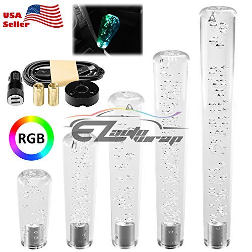 EZAUTOWRAP LED Light RGB Shift Knob Stick Crystal Transparent Bubble Gear Shifter 15cm