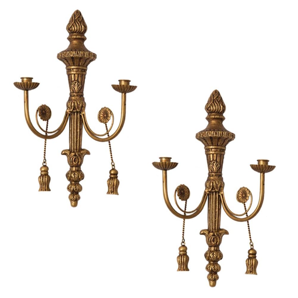 TentHome Kerzenhalter Wand Metall Vintage Kandelaber Antik Teelichthalter Wandkerzenleuchter 2 Armig im Barockstil Wandkerzenhalter für Stabkerzen Wanddekoration Gold 2 Stück