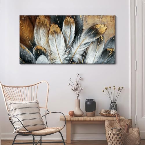 Image of Mofutinpo Feather Wall Art Modern Living Room Bedroom Wall Decoration Large Giclee Print Canvas Painting Artwork for Home Decor One Piece White Gold Brown Feather Picture Ready to Hang 24x48 Size