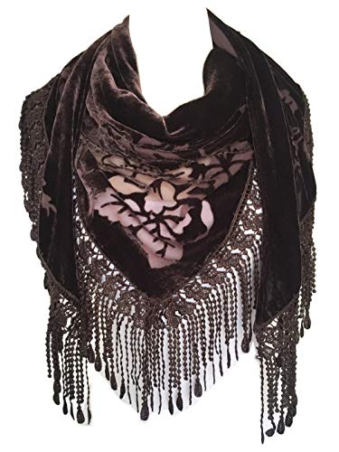 Brown Floral Fringe-Trim Silk-Blend Burnout Velvet Shawl2