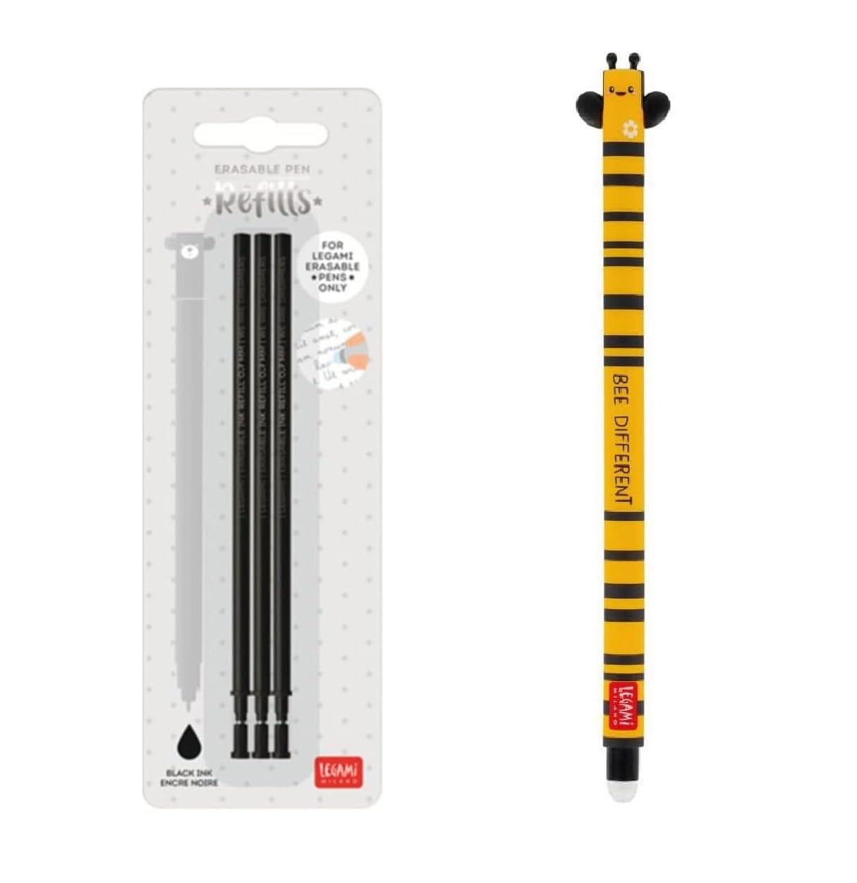 tinta unita Legami – Juego de bolígrafo de gel borrable Tema Abeja con tinta negra + recarga negra
