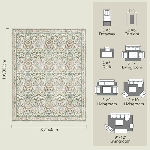Image of Washable Area Rug 8x10 - Vintage Floral Living Room Rug for Dining Room (Under Table), Bedroom - Stain Resistant, Soft Low Pile, Non-Slip Large Carpet