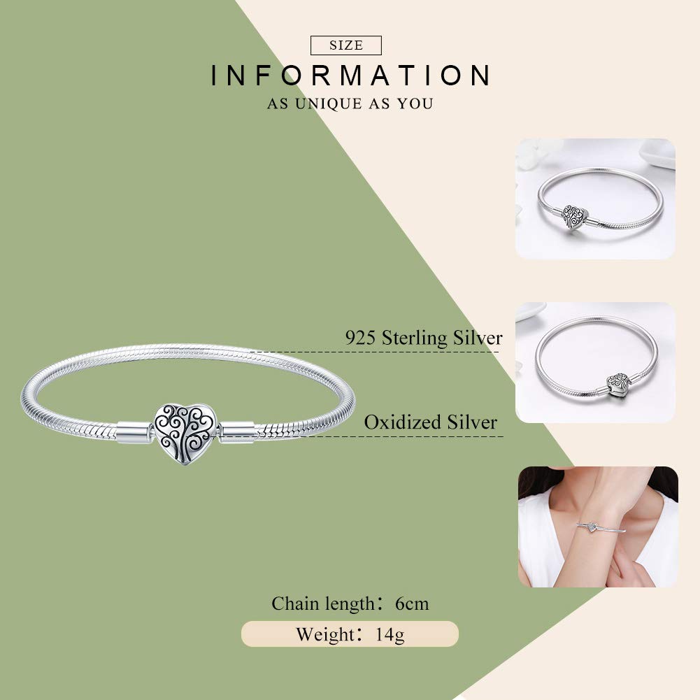 YCTTKDD Pulsera de Cadena de Serpiente con Cierre en Forma de corazón, árbol de la Vida de Primavera, 100% Plata de Ley 925, joyería de Plata de Ley S925