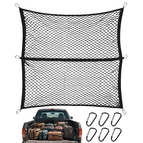 Gepäcknetz Auto 120x120cm elastisch bis 210x210cm mit 6 Haken, Ladungssicherungsnetz für Kofferraum & Transporter, Reisepraktisch für Camping & Urlaub