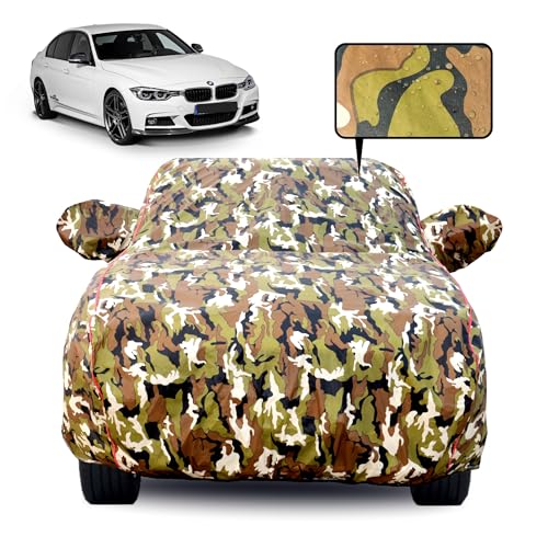 Image of Waterproof Car Body Cover for BMW 3 Series GT with Mirror Pocket, Soft Cotton Lining, Triple Stitched, Full Bottom Elastic (Heat Resistant Jungle Print with Red Piping)