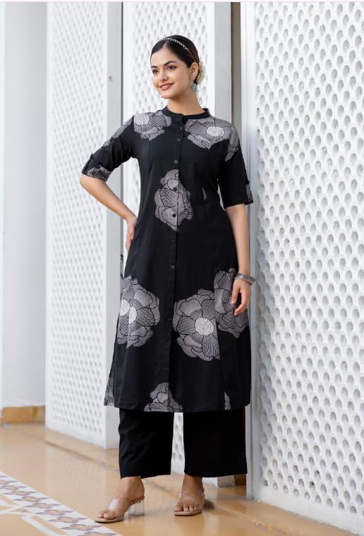 Adidas Womenâ€™s Printed Straight Kurta Co-ord Set with Pants â€“ Stylish Casual & Office Wear(SLK 102 Black CODSET_XL) in black