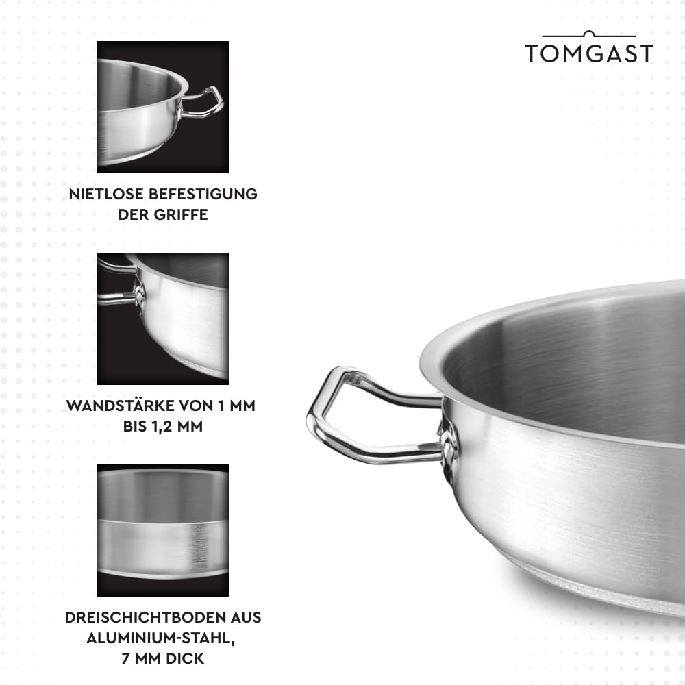 tegame piatto diametro 40 cm PRO | capacità 10 l, altezza 8 cm | acciaio inox | fondo rivestito | per piano cottura e induzione | lavabile in lavastoviglie