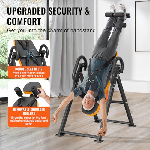 VEVOR Inversion Table, 300lbs Capacity Heavy Duty Inversion Table, Decompression Back Stretcher Machine, Strength Training Equipment with Headrest, Ankle Lock, Adjustable Protective Belt, Orange/Black - Image 4