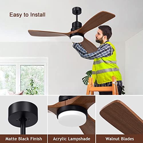 Ghicc Ceiling Fans With Lights And Remote Modern Ceiling Fans With 3 Walnut Wood Blades, Indoor/Outdoor Ceiling Fans For Patios Farmhouse Bedroom，42"， Matte Black #TOP4