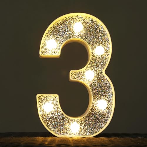 Image of Light Up Letters, Marquee Light Letter for Table Decorations, Glitter Light Up Signs for Prom, Events, or Engagement Party Decor, Featuring Alphabet & Number Lighted Letters, Number 3