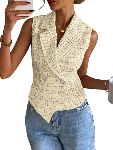 Mina Self 2025 Womens Summer Tweed Plaid Vest Tops Sleeveless Lightweight Crop Double Breasted Work Jacket