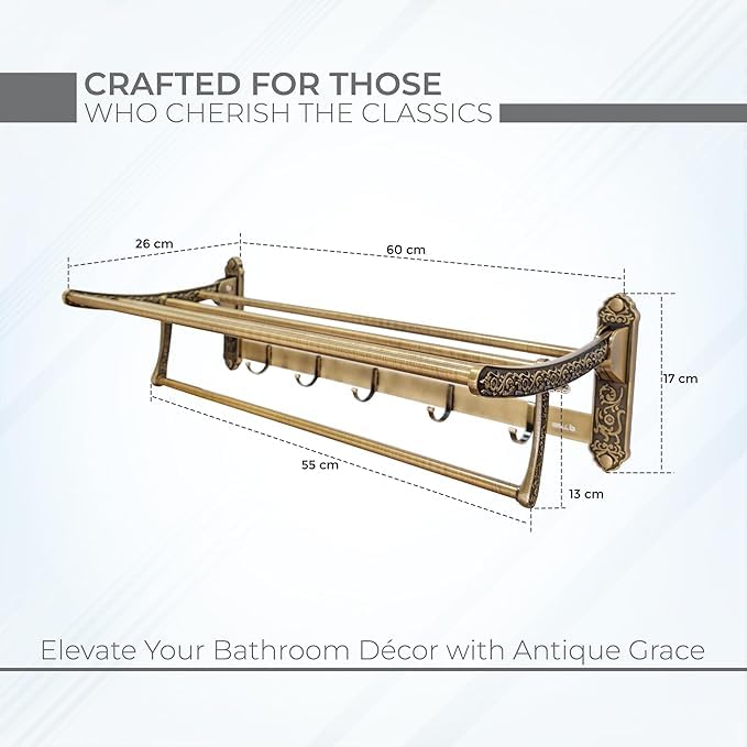 Image of iBELL 60 cm (23.6-Inch) Golden Antique Stainless Steel Folding Towel Rack for Bathroom | 90 Foldable Space-Saving Towel Stand | Towel Hanger | Bathroom Accessories