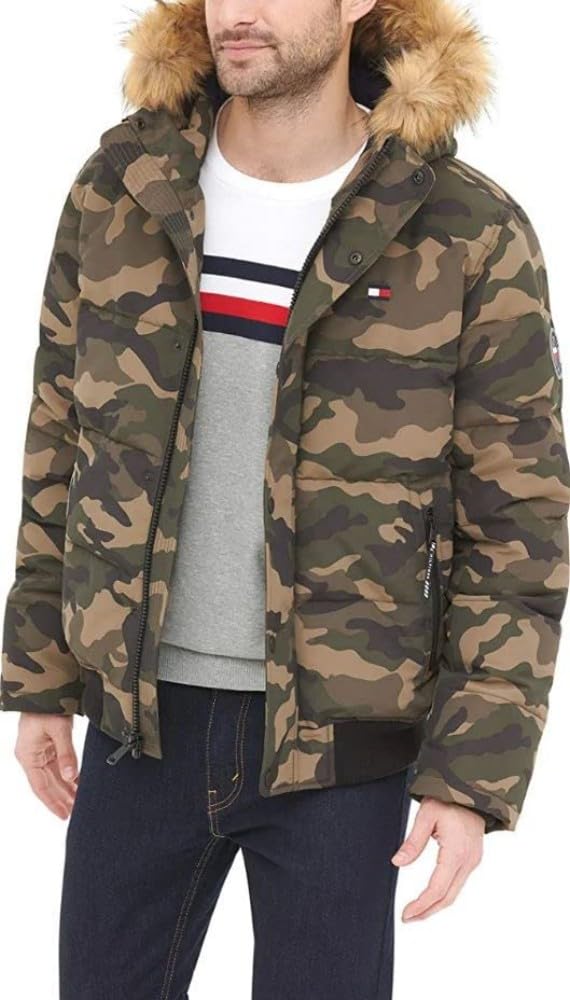 Tommy Hilfiger Men's Arctic Cloth Quilted Snorkel Bomber Jacket Parka, Camouflage, XL