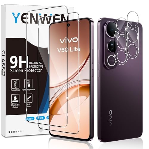 Yenwen Protector de Pantalla para VIVO V50 Lite 4G / 5G, 2 Piezas Cristal Templado con 2 Piezas Protector de Lente de Cámara, 9H Dureza Ultra Resistente Vidrio Templado