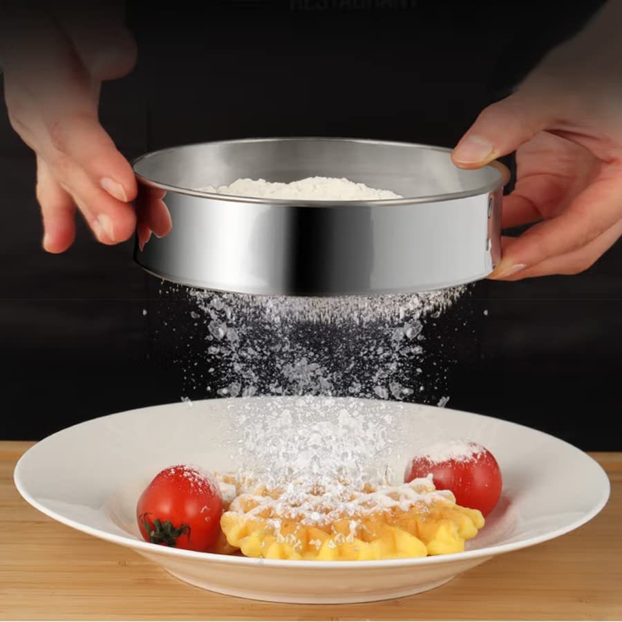 Flour Sifter Set of 2,Stainless Steel Fine 60 Mesh Strainers Flour Sieve for Baking Cake Bread Brush Sponge Cleaning