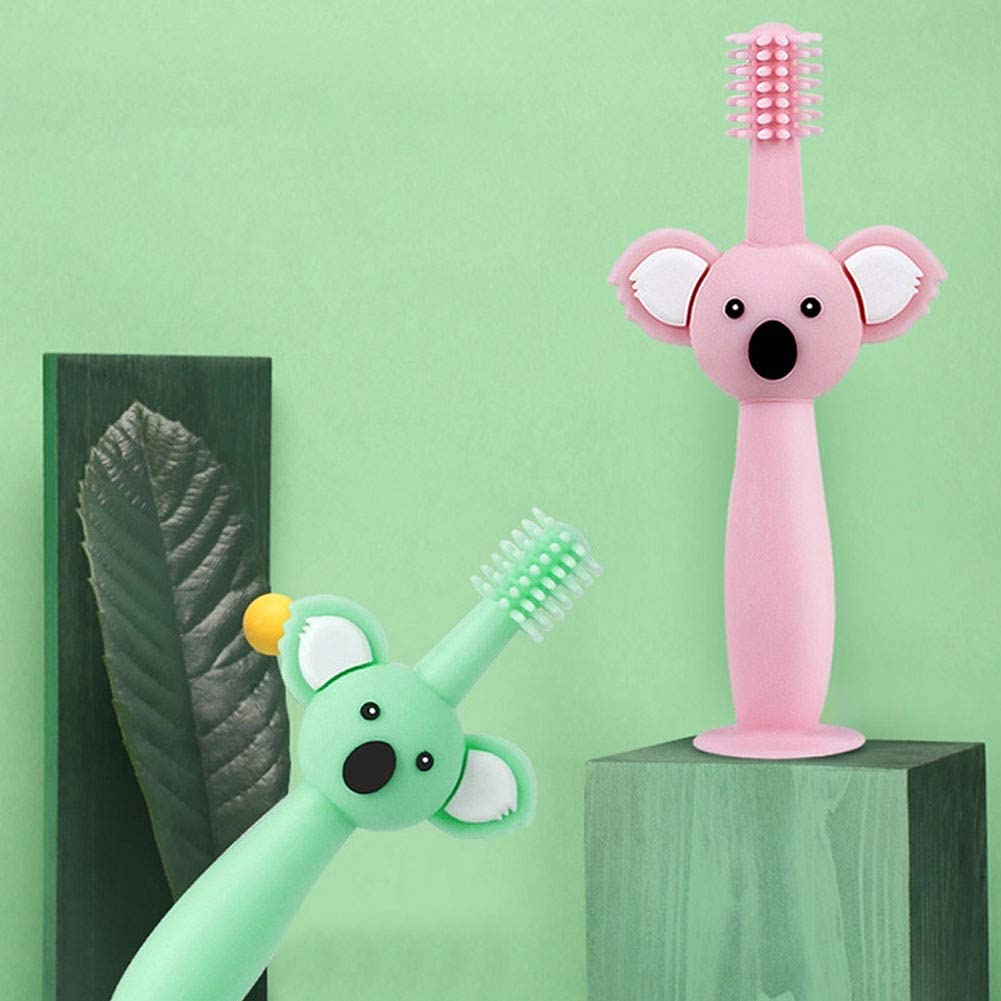 Pielęgnacja jamy ustnej Leuke koala-vormige tandenborstel, 3-zijdige ontwerp siliconen peutertandenborstels leeftijden 1-3, onafhankelijke verpakking handmatige tandenborstel