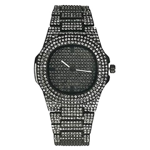 Men's Diamond Black Watches Costume Hip Hop Bling Three Dual Rhinestone Bezel Dress Watches for Men and Women Luxury Unisex Wrist Watch (Black) Cover
