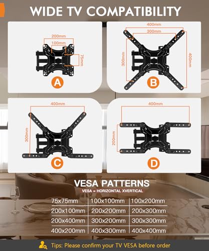 Full Motion TV Wall Mount for Most 26-55 Inch TVs, Corner Wall Mount TV Bracket with Tilt Swivel and Articulating, Single Stud Center Design Fits Flat/Curved TVs, Max VESA 400x400mm Up to 77 lbs
