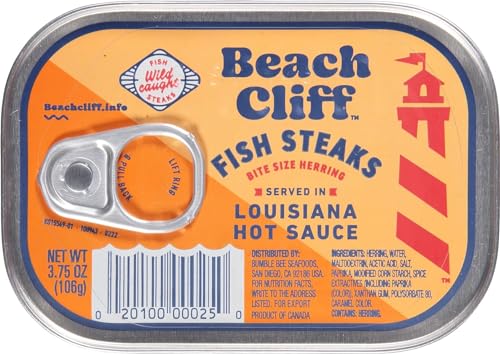 Beach Cliff Wild Caught Herring Fish Steaks in Louisiana Hot Sauce, 3.75 oz Can - 14g Protein per Serving