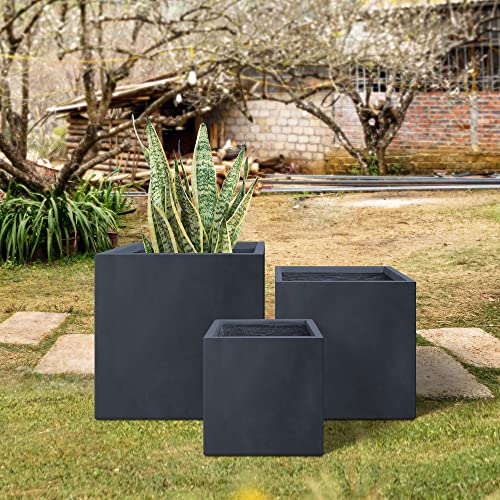 Kante 16",12" And10 Square Concrete Planters For Outdoor Outdoor Patio Garden Set Of 3, Lightweight Modern Planter Pots Charcoal #TOP6