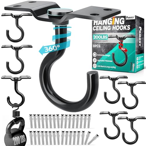8Pcs 200LB Rotatable Ceiling Hook Wall Mount Metal Hanger for Hanging Plant | 4-Screw-Point Base, Black Powder-Coated Steel Hook, Hang Plant, Bird Feeder, Lantern, Light, Wind Chime, Indoor/Outdoor Decor