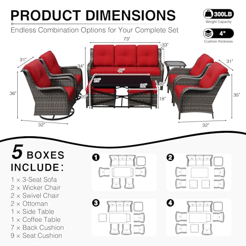 Image of Joyside 9 Piece Wicker Patio Furniture Set, Outdoor Swivel Rocker Patio Chairs with High Back, Deep Seating, Wide Armrest, Thickened Cushions, Outdoor Furniture for Deck, Porch Use