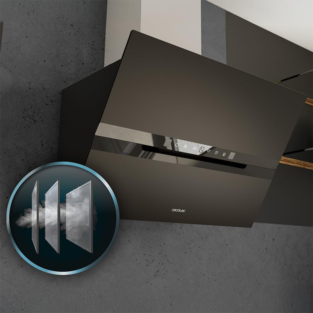 Cecotec Cappa Aspirante 60 cm Vetro Temperato. Bolero Flux DT 608010 Glass Black A++ 210W, Cappa 60cm vetro nero, Flusso d'Aria 800m3/h, A++, Touch, LED, Bluelit, Carbonio Ø176, alluminio 5 strati