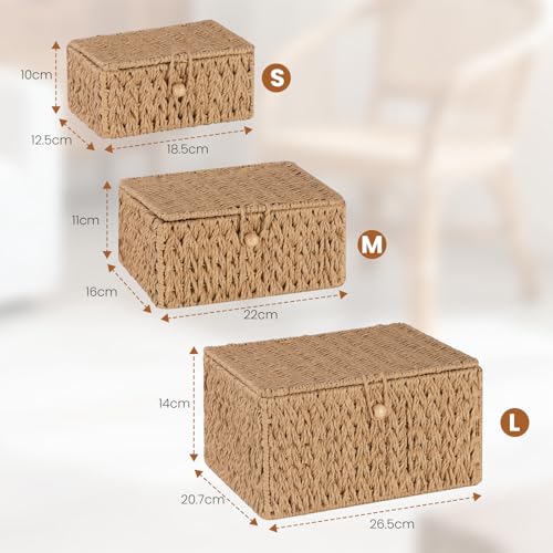 Otauoaea 3 Stück Aufbewahrungskorb mit Deckel – Geflochtener Korb aus Papierseil, Stapelbar für Bad, Küche & Wohnzimmer | Boho Deko & Organizer