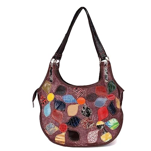 Segater Bolsa feminina Hobo de lona e couro, bolsa de ombro com estampa de flores, bolsa de mão com emendas, multicolorido, bolsa de retalhos, Colorido 02, One Size