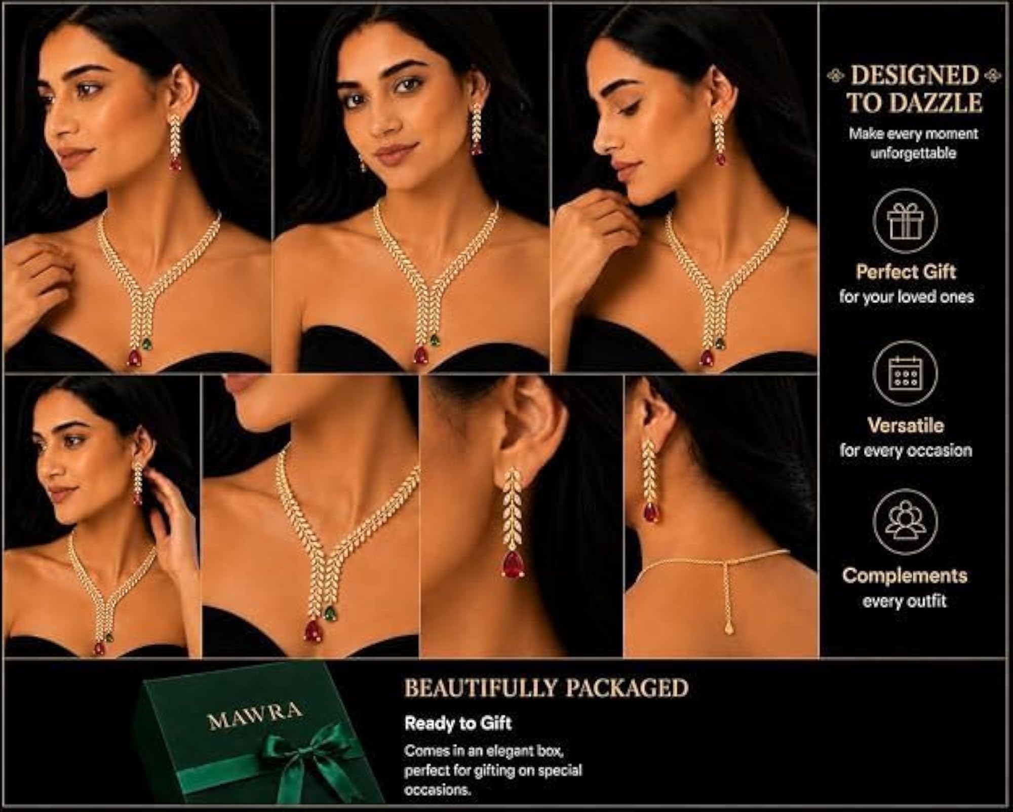 Gold-Toned CZ Necklace Earring Set with Ruby Emerald Drops