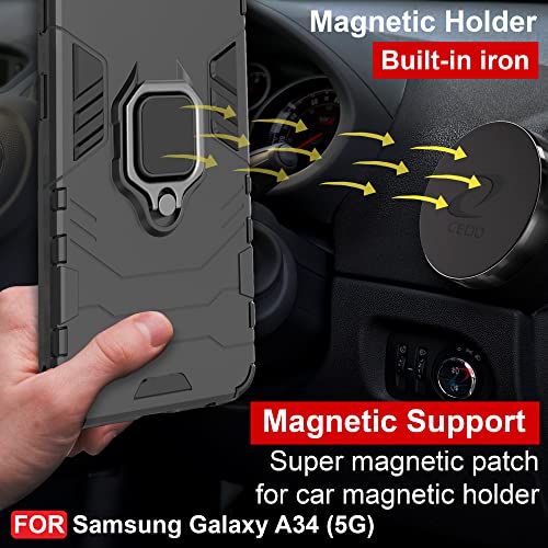 Image of CEDO Kickstand Cover for Samsung Galaxy A34 (5G) Rugged Case | Built-in Stand Rotating Ring Holder | Military Grade Armor Bumper Back Cover (Black)