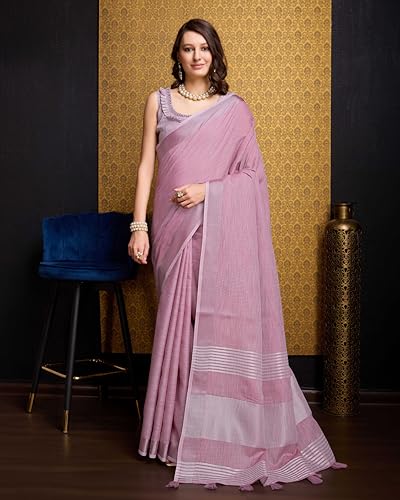 Image of SWORNOF Women's Linen Cotton Silk Saree with Unstitched Blouse Piece | Saree for Women | Saree with Blouse Piece | Soft and Skin Friendly