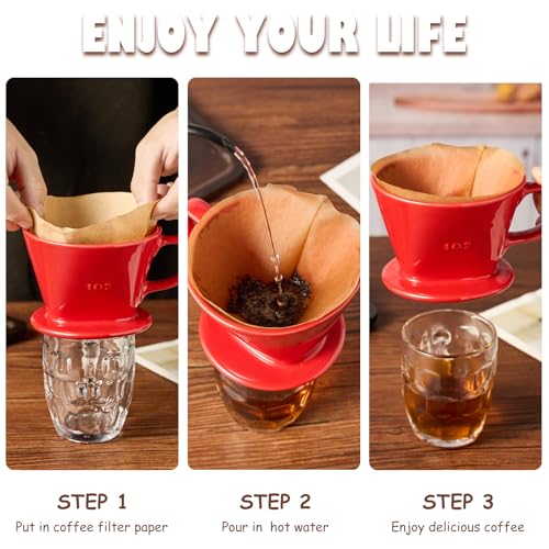 Image of Pour Over Coffee Dripper, Ceramic Pour Over Coffee Maker, Red | 3 Holes Flat Bottom, Easy Manual Brew Maker, Porcelain Slow Filter Cone for Travel, Camping, Office, Home