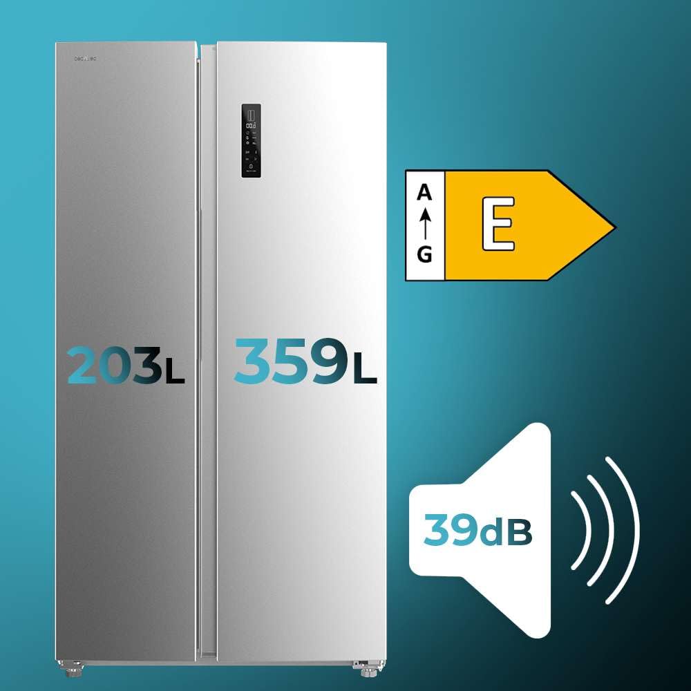 Cecotec Amerikanischer Kühlschrank Side By Side - 562 l - Bolero CoolMarket SBS 562 Inox E. 177x91,2 cm, Inverter Plus Kompressor, geringer Verbrauch, No Frost, Multiairflow, Schnellkühlung, Edelstahl