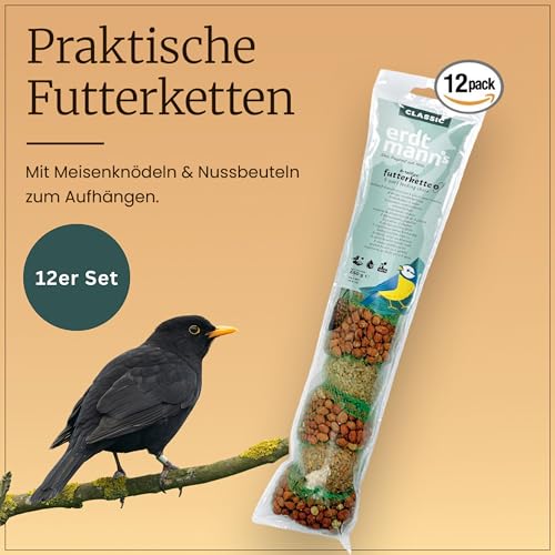 Erdtmanns Futterketten 12 x 650 g – Vogelfutter-Ketten mit Meisenknödeln & Nussbeuteln – abwechslungsreiches Ganzjahresfutter für Wildvögel – zum Aufhängen – Lange Haltbarkeit