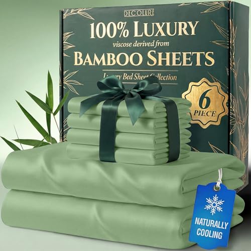 DECOLURE 100% Viscose Derived from Bamboo Sheets King Size - Luxury 6 Pc Naturally Cooling Sheets, Ultra Soft Bed Set - Deep 17' Pockets, Durable Double Stitching, Oeko Tex Standard (Sage Green)