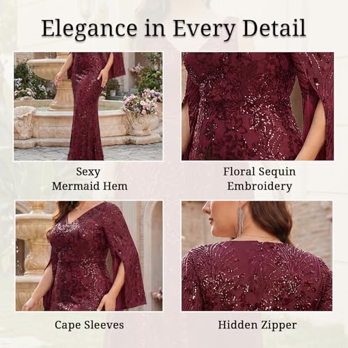 Image of Plus Size Formal Dresses for Women with Embroidery Sequin and Cape Sleeve, V-Neck Maxi Dress for Wedding and Party
