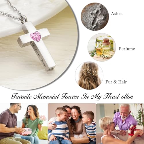 SOITIS Cremation Cross Necklace for Ashes, Cross Urns Silver Pendant Ashes Holder, Stainless Steel Memorial Jewelry with Birthstone - With Me Always3
