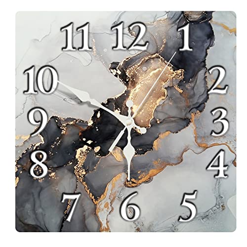 Wall Clock, Square Silent Non Ticking Clock 12 Inch, Luxury Black Gold Watercolor Stone, Home Decor For Living Room, Bathroom, Bedroom, Kitchen, Office Or School #TOP25