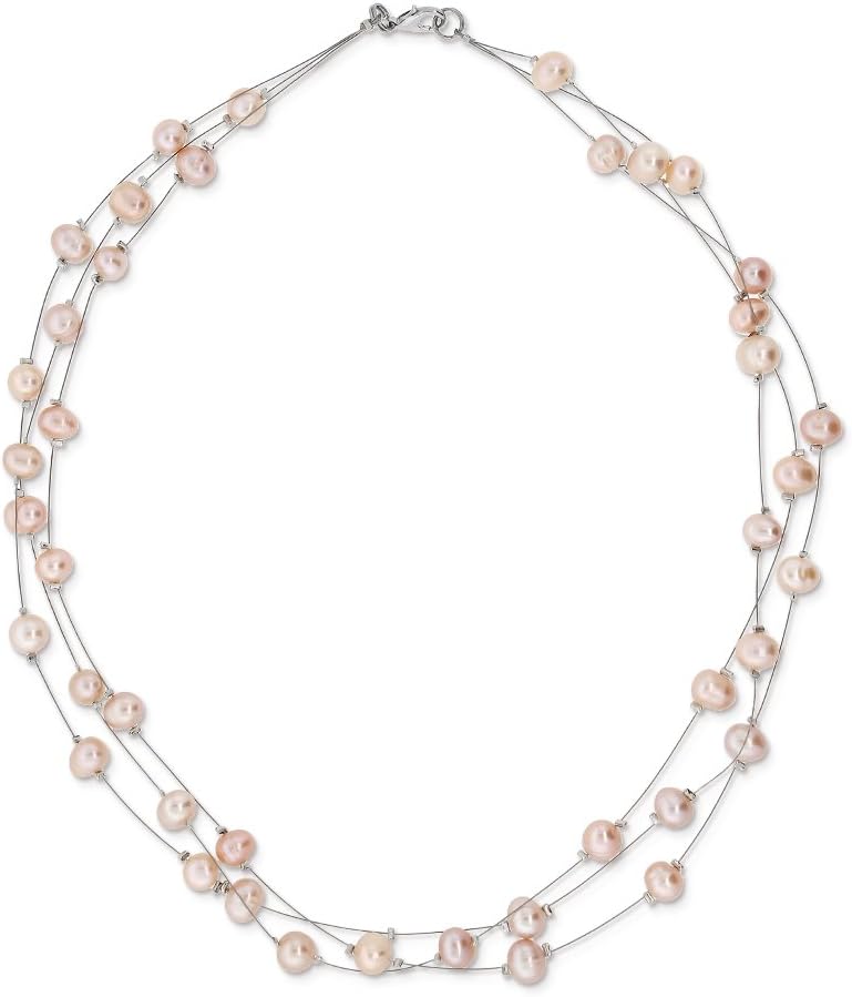 Gem Stone King 3-Row 7-8MM Pink Cultured Freshwater Pearl 18 Inch Necklace and Earrings Jewelry Set For Women