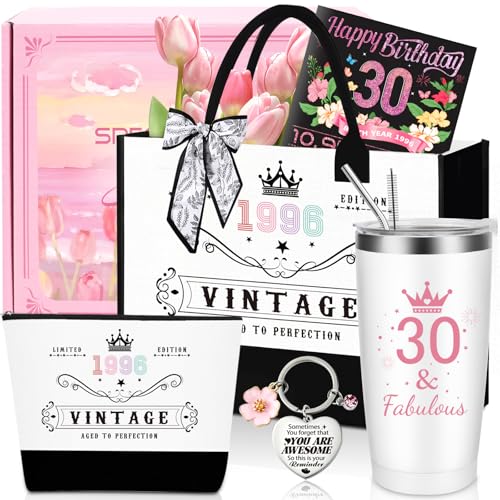 30th Birthday Gifts for Women Unique 30 Years Old Birthday Include 20 Oz Stainless Steel Tumbler with Straw Gifts for Wife Aunt Sister Friends Her Fashion 1996 Handbag Cosmetic Bag Born in 1996 Card