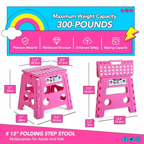Image of Delxo Folding Step Stool, 13 inch Non-Slip Foldable Stools for Kids & Adults Up to 300 LBS, Step Stool with Handle, Lightweight for Kitchen, Bathroom, Bedroom, Garden, Rose Pink, 1PC