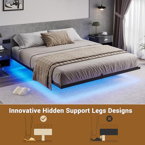 Hasuit Floating Bed Frame California King Size with LED Lights, Metal Cal King Platform Bed, No Box Spring Needed, Easy to Assemble (California King)