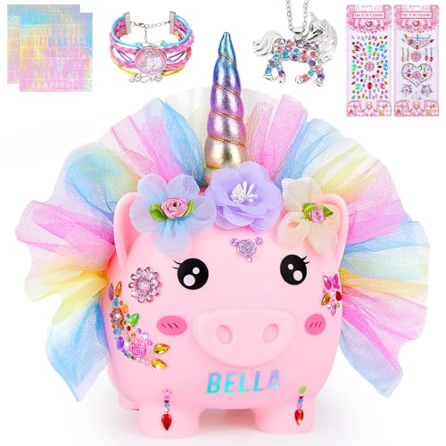 MHJY Piggy Bank for Kids Unicorn Money Box Girls Unbreakable Resin Child Saving Bank Cute Large Coin Banks with Necklace Bracelet DIY Stickers Birthday Set
