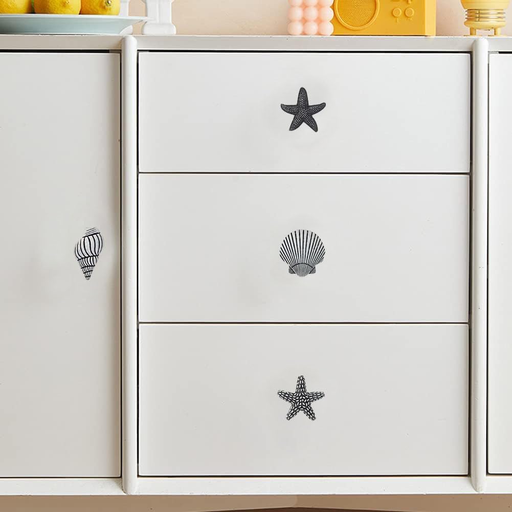 Seashells Cabinet Knobs, Conch Drawer Pulls, Starfish Dresser Knobs for Tropical Beaches Marine Animal Themed Kitchen Furniture Decor, Zinc Alloy Single-Hole Handles 4 Pcs (Vintage White)