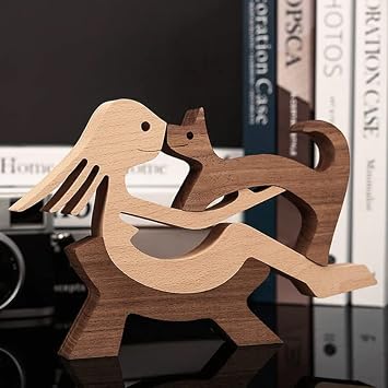 Handmade Wooden Statue, Dog Human Statue Sculpture, Wood Decor Accents Craft Figurine for Tabletop Ornaments Bedroom Home Office Shelf Decor F