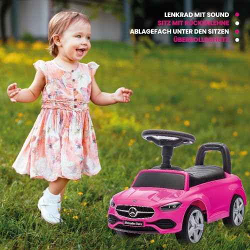 sun baby Rutschauto ab 1 Jahr Mercedes C-Class, Kinderfahrzeug für Jungen und Mädchen mit Audio-Lenkrad, Ablagefach, Kippschutz (Rosa) – Bild 3