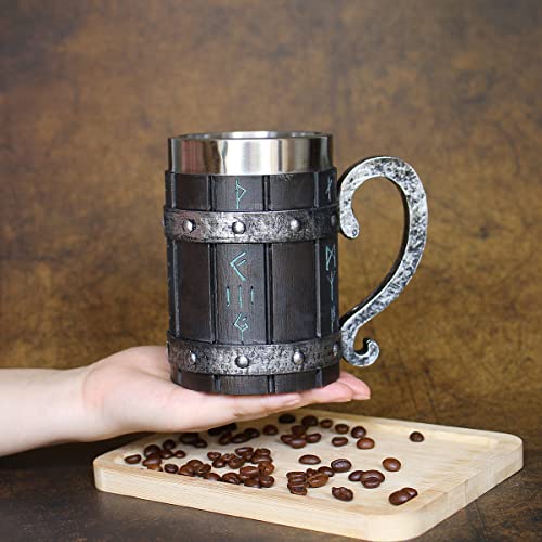 Ottalent Norse Viking Oak Wooden Beer Mug Stein With Stainless Steel Liner,Nordic Viking Runes Tankard Coffee Cup For Men Father’s Day Gift 17Oz. #TOP3